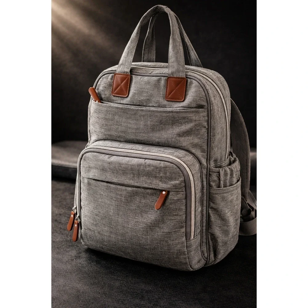 Trend Lab Gray Diaper Bag‎ Backpack Heathered Fabric Brown Trim 178-60771
